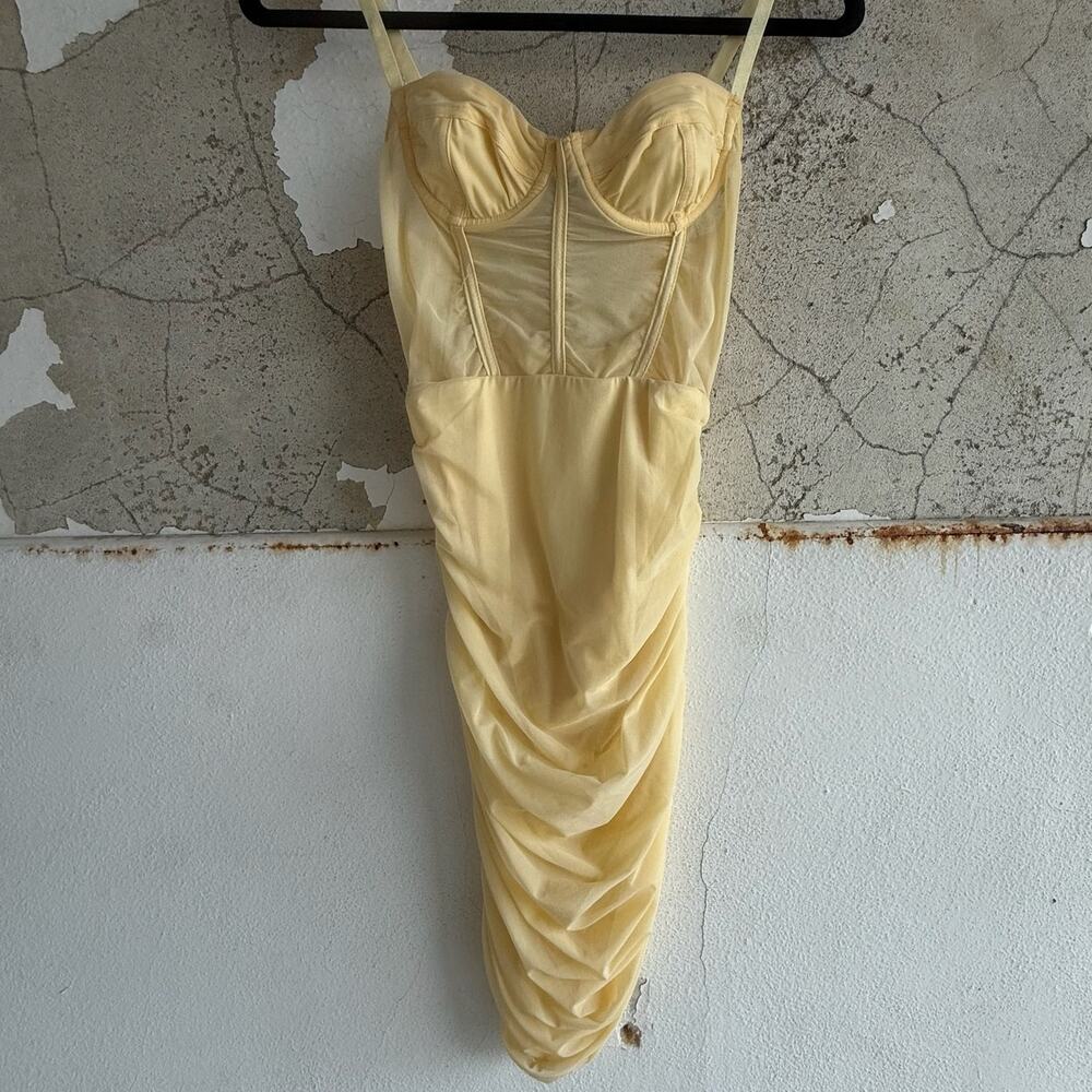 Y2K Corset Dress Ruched Sheer Mesh Bodycon Mini Yellow Womens S Coquette Glam - Picture 1 of 6